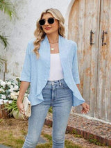 Eyelet Open Front Three-Quarter Sleeve Top - Trendsi - Flyclothing LLC