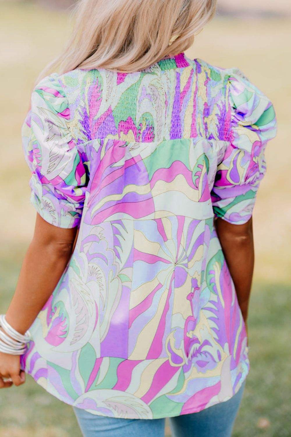 Smocked Round Neck Short Sleeve Blouse - Trendsi - Flyclothing LLC