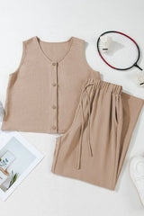 Button Down Vest and Drawstring Wide Leg Pants Set - Trendsi - Flyclothing LLC
