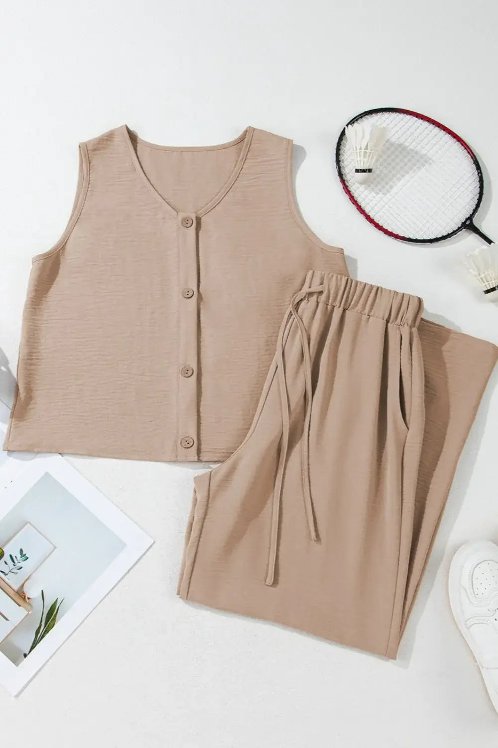 Button Down Vest and Drawstring Wide Leg Pants Set - Trendsi - Flyclothing LLC