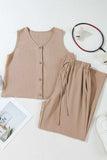 Button Down Vest and Drawstring Wide Leg Pants Set - Trendsi - Flyclothing LLC
