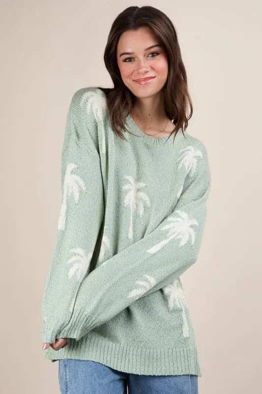 VERY J Palm Tree Graphic Oversized Knit Sweater - Trendsi - Flyclothing LLC