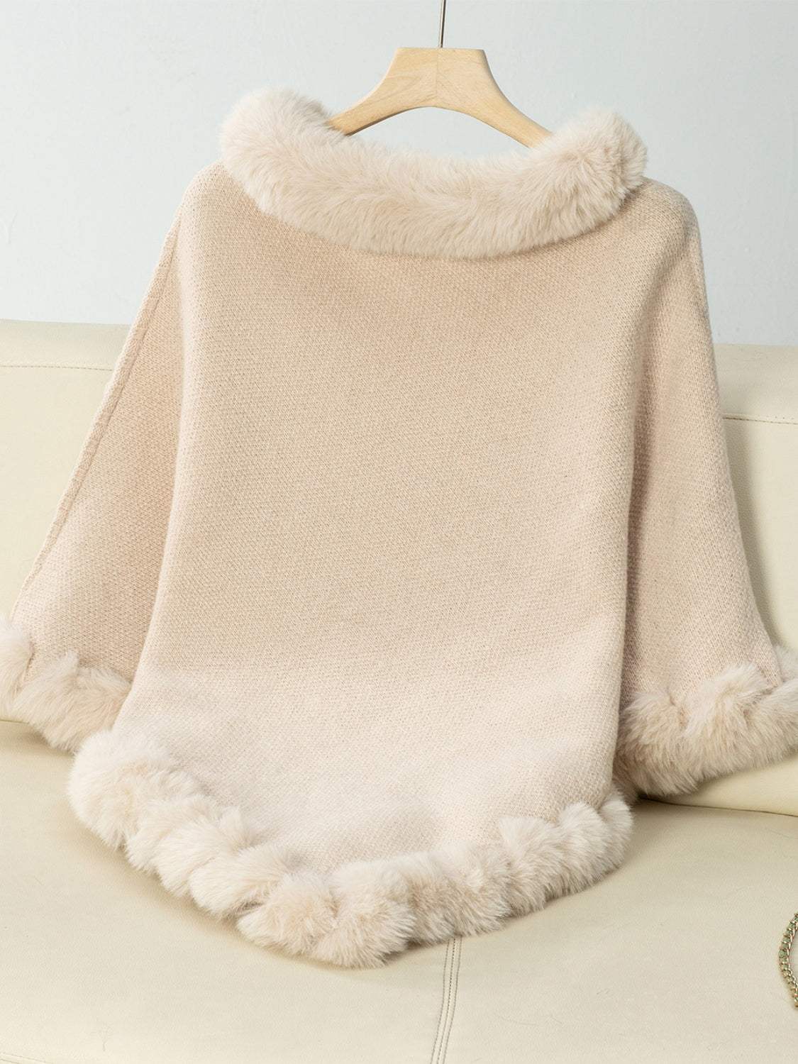 Fuzzy Trim Texture Three-Quarter Sleeve Poncho - Trendsi - Flyclothing LLC