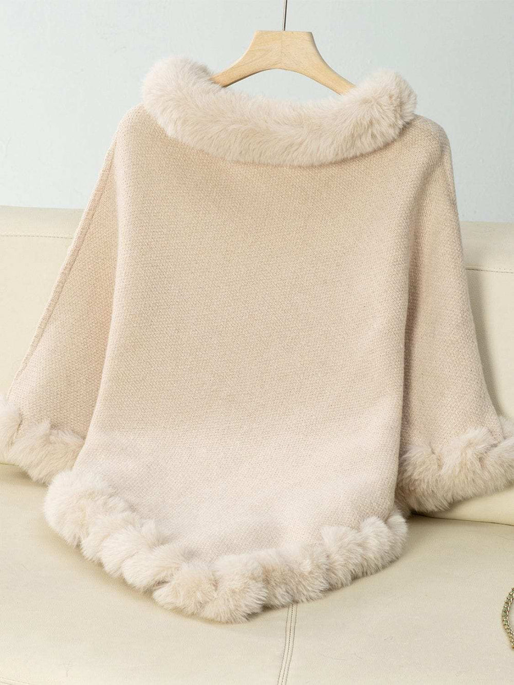 Fuzzy Trim Texture Three-Quarter Sleeve Poncho - Trendsi - Flyclothing LLC
