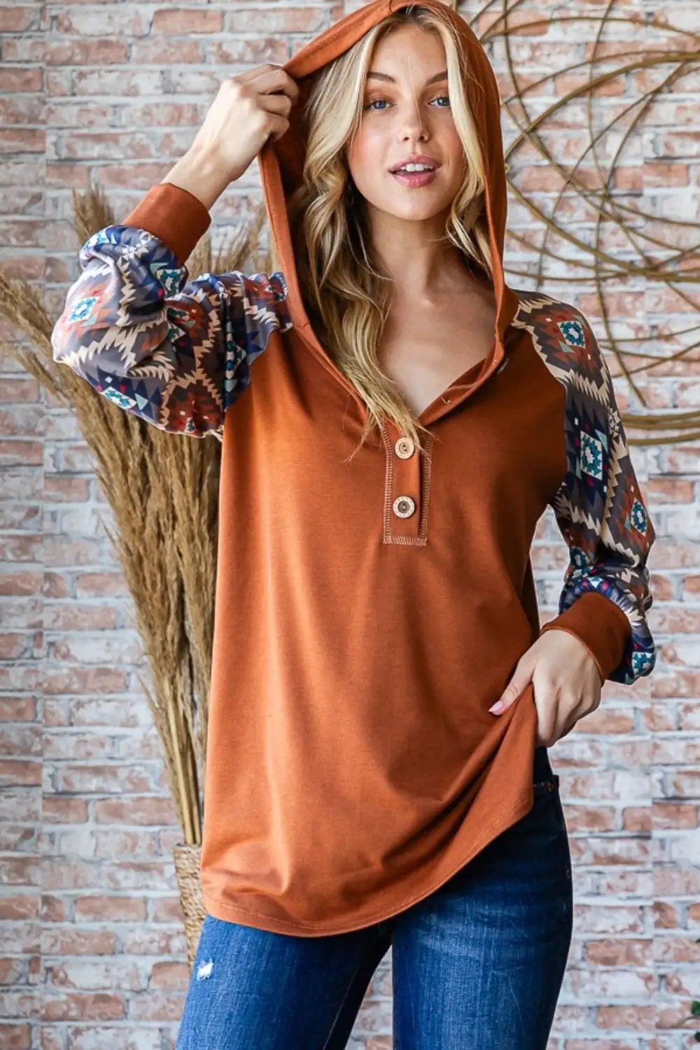 Heimish Full Size Half Button Printed Long Sleeve Hooded Top - Trendsi