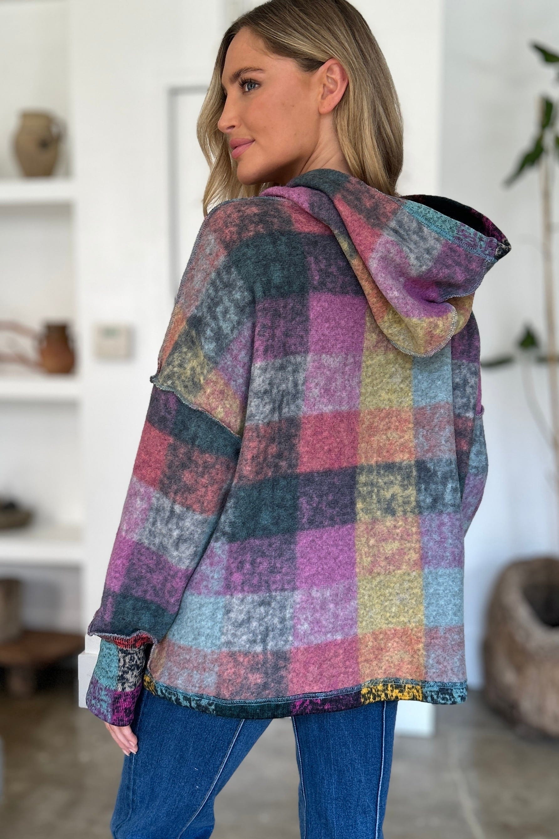 Double Take Full Size Plaid Dropped Shoulder Hoodie - Trendsi