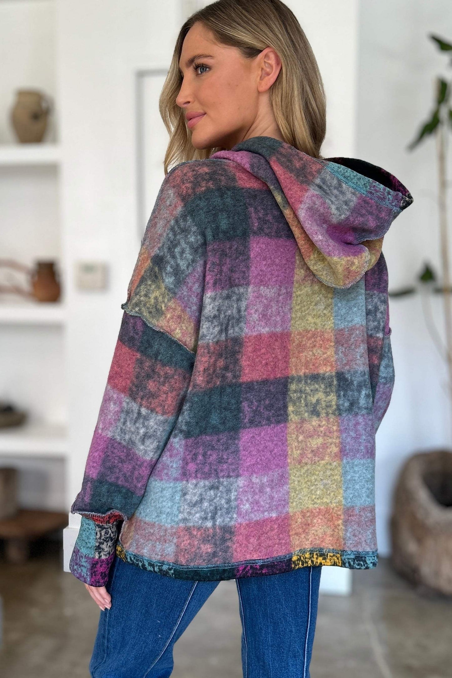 Double Take Full Size Plaid Dropped Shoulder Hoodie - Trendsi - Flyclothing LLC