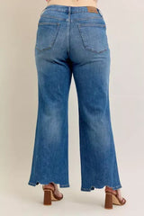 Judy Blue Full Size High Waist Tummy Control Chew Hem Destroy Wide Jeans Plus Size - Trendsi - Flyclothing LLC