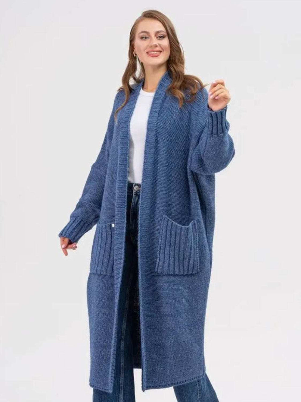 Pocketed Open Front Long Sleeve Longline Cardigan - Trendsi - Flyclothing LLC
