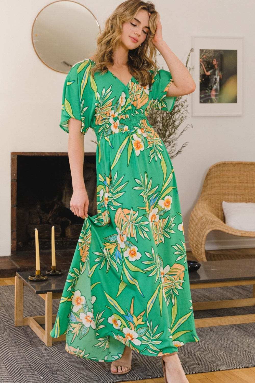 ODDI Full Size Floral Smocked Tied Back Maxi Dress - Trendsi - Flyclothing LLC