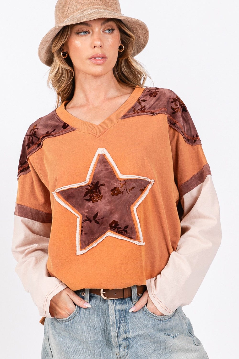 SAGE + FIG Star Patch Long Sleeve Color Block T-Shirt - Trendsi