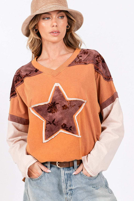 SAGE + FIG Star Patch Long Sleeve Color Block T-Shirt - Trendsi - Flyclothing LLC