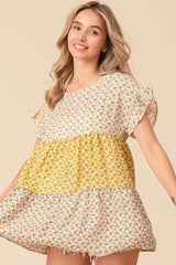 BiBi Flroal Printed Woven Color Block and Tiered Top - Trendsi - Flyclothing LLC