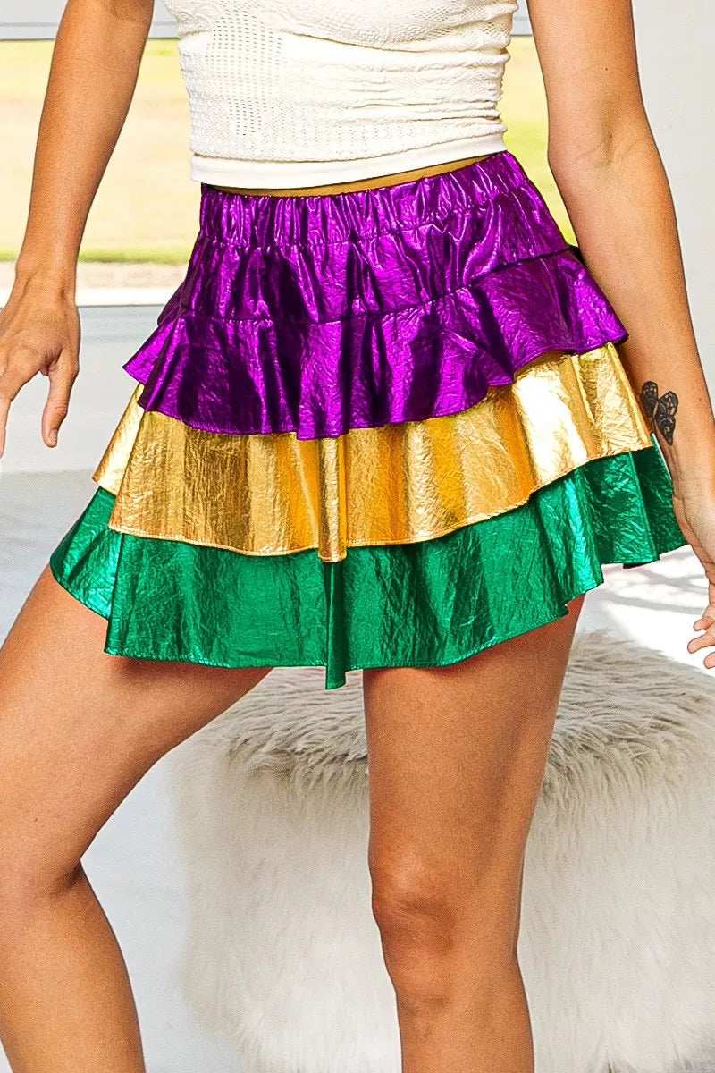 BiBi Mardi Gras Color Block Metallic Tiered Skirt - Trendsi - Flyclothing LLC