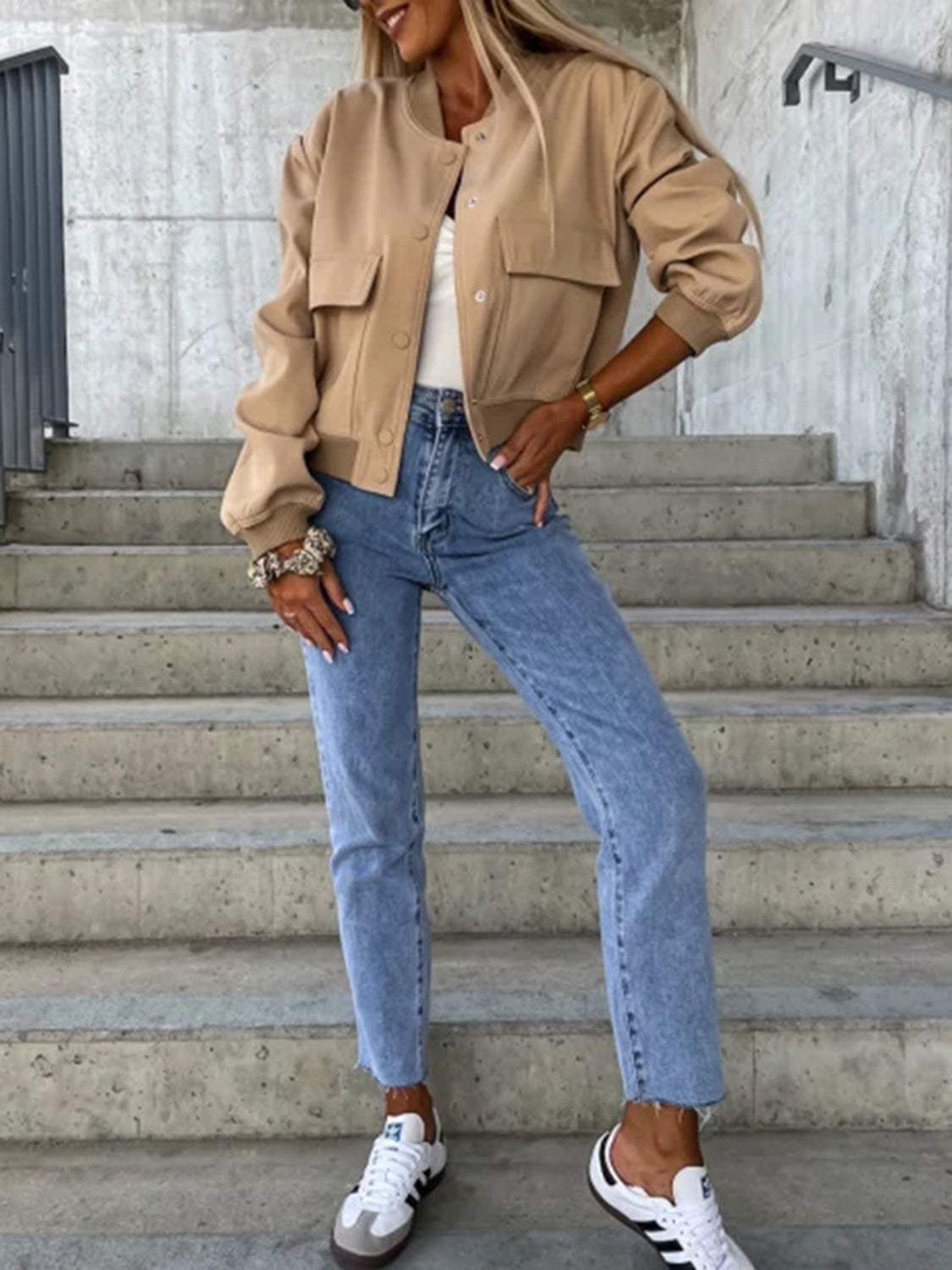Baseball Collar Dropped Shoulder Jacket - Trendsi - Flyclothing LLC