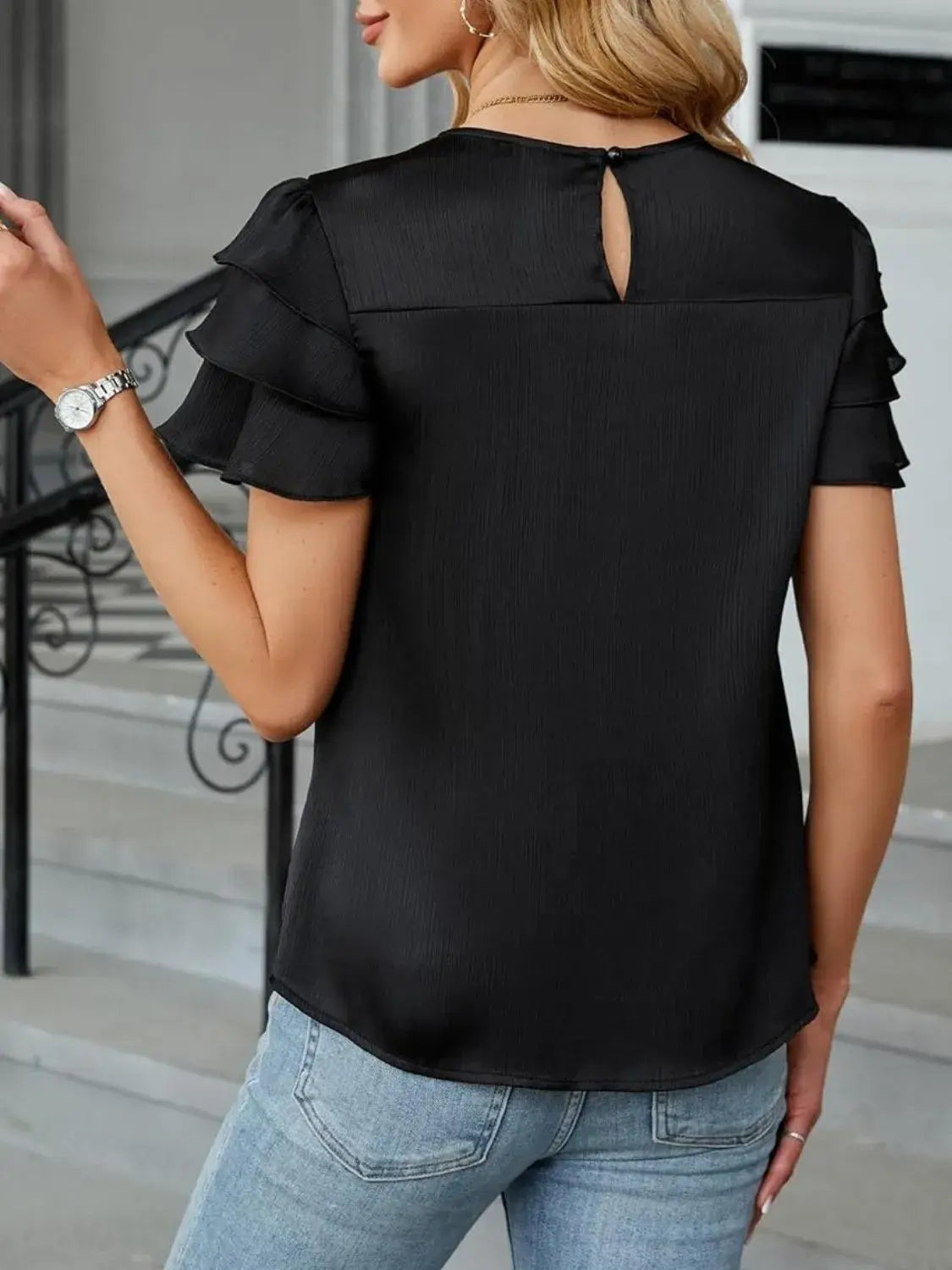 Smocked Round Neck Ruffled Layered Sleeve Blouse - Trendsi - Flyclothing LLC
