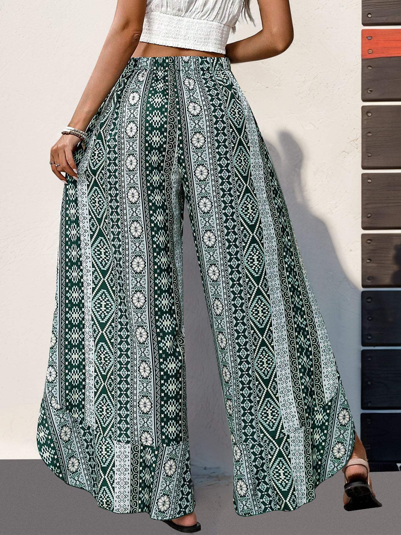 Slit Ruffled Geometric Wide Leg Pants - Trendsi - Flyclothing LLC