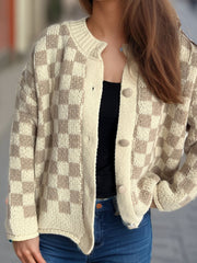 Checkered Button Up Round Neck Cardigan - Trendsi