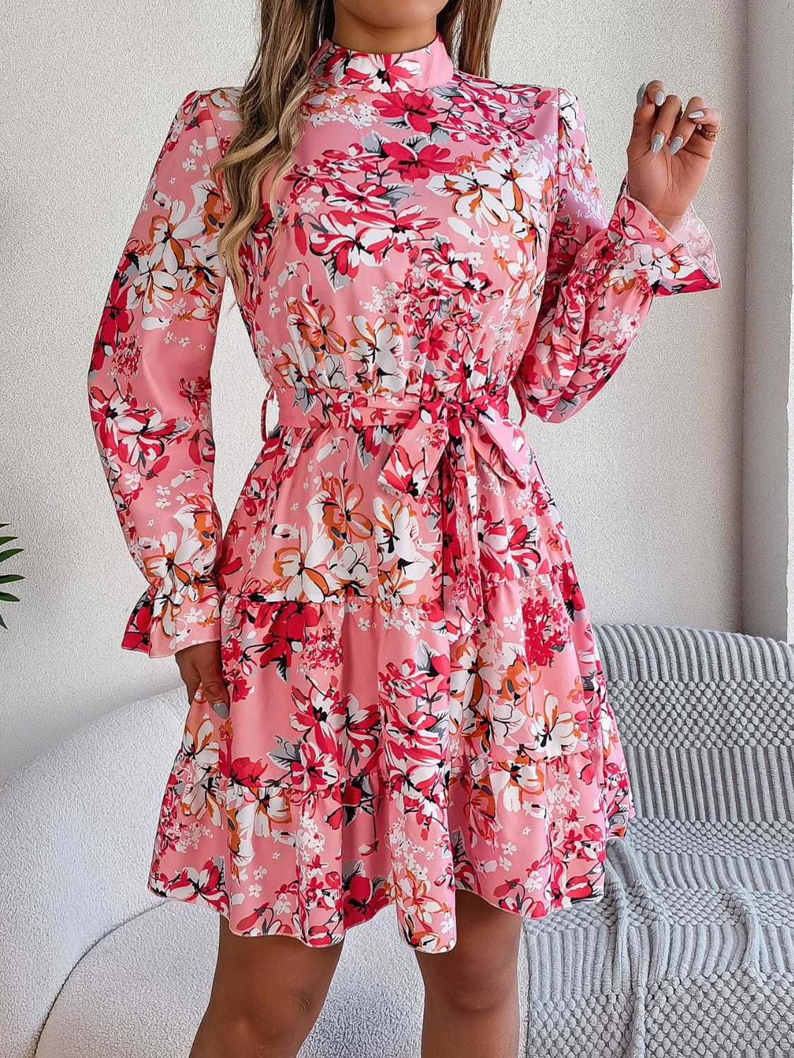 Printed Mock Neck Flounce Sleeve Mini Dress - Trendsi