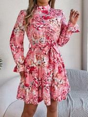 Printed Mock Neck Flounce Sleeve Mini Dress - Trendsi