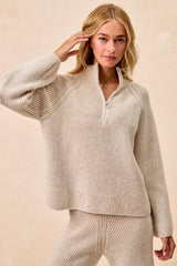 BiBi Two Tone Rib Texured Knit Collared Top with Zip Up - Trendsi - Flyclothing LLC