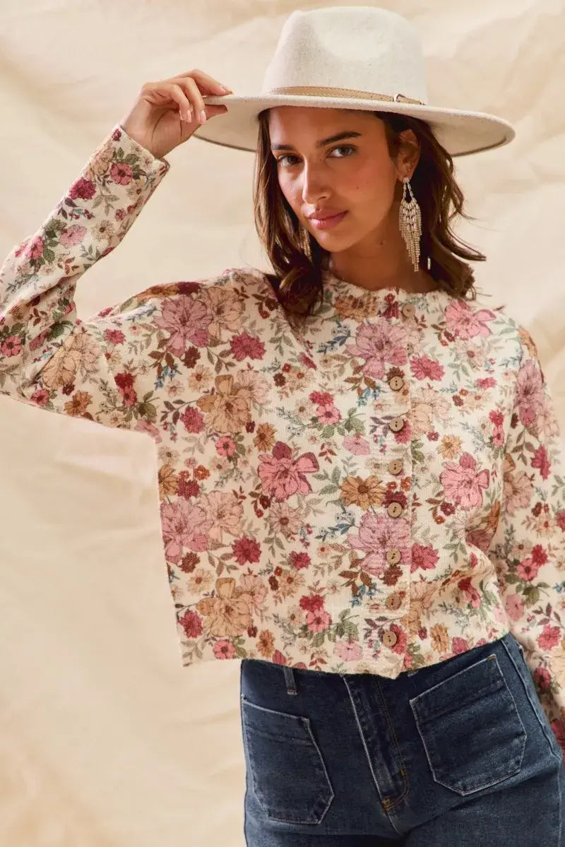 SO ME Floral Print Button Front Sweater Cardigan - Trendsi - Flyclothing LLC