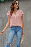 Swiss Dot Notched Cap Sleeve Blouse - Trendsi