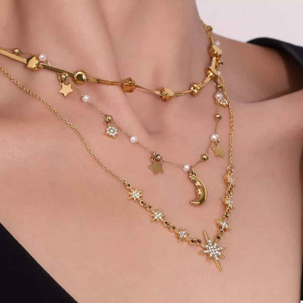 18K Gold-Plated Stainless Steel Zircon Star Moon Necklace - Trendsi - Flyclothing LLC