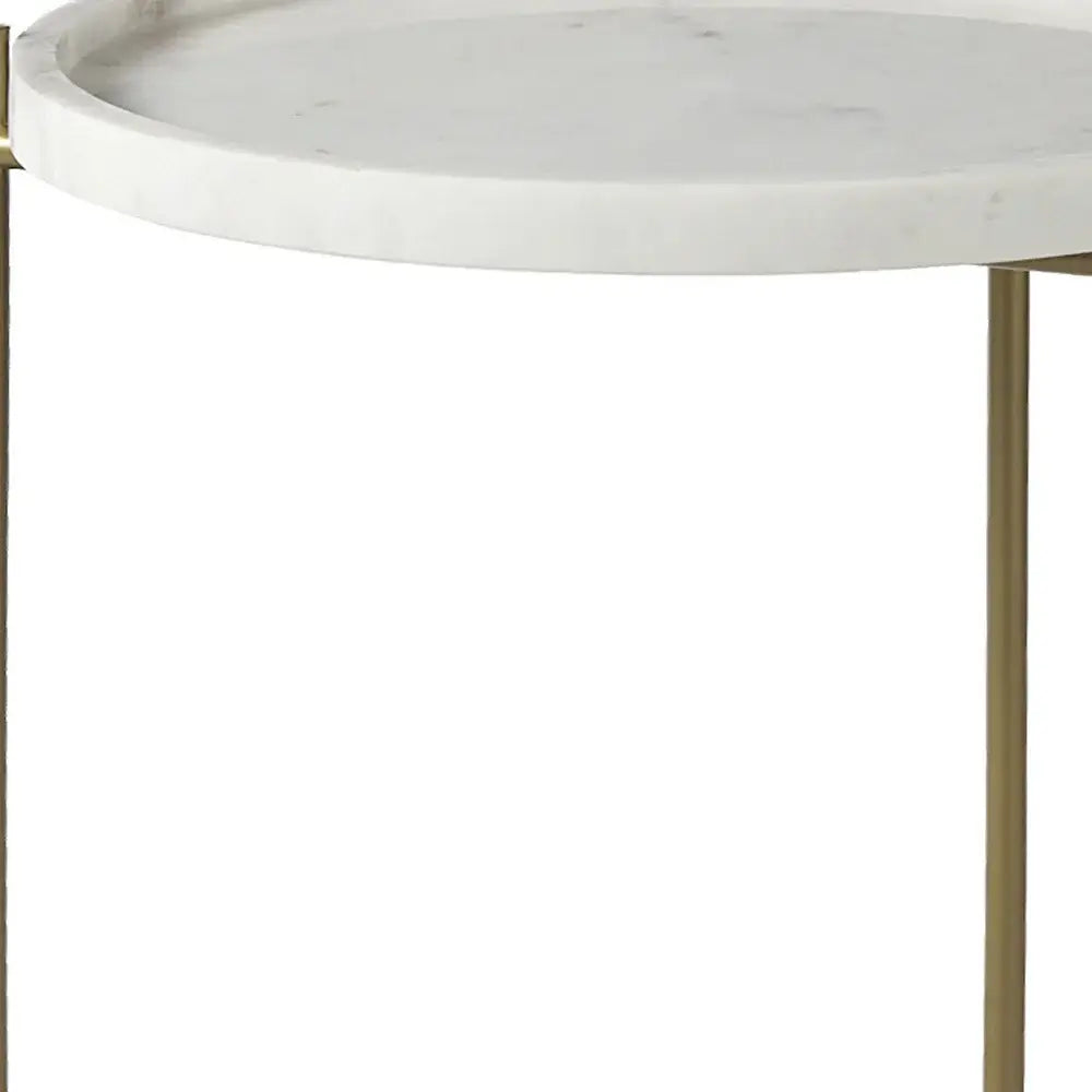 23" White and Gold Marble and Iron Round End Table - Homeroots - Flyclothing LLC