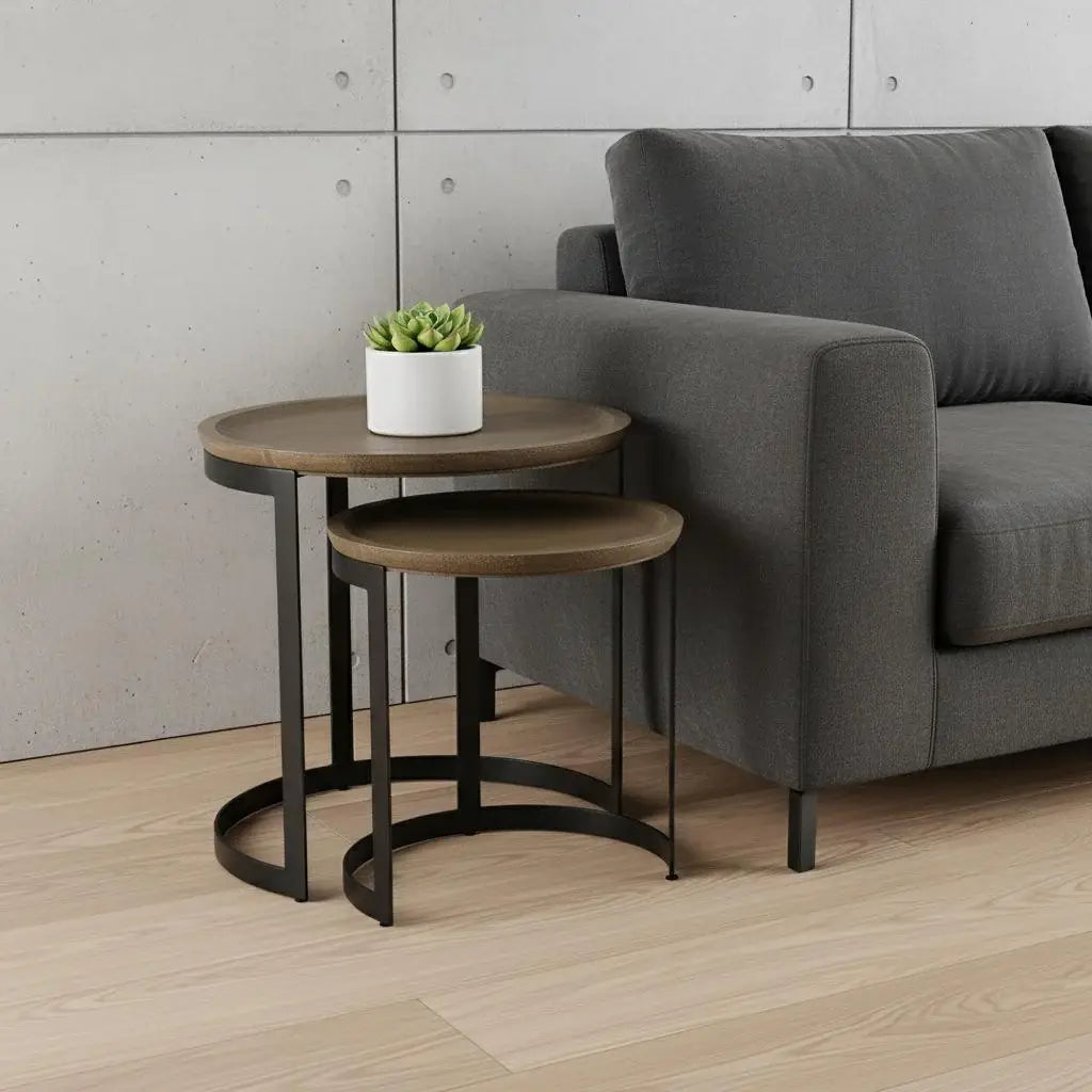Set of Two Brown and Black Solid Wood and Iron Round Nested Tables - Homeroots - Flyclothing LLC