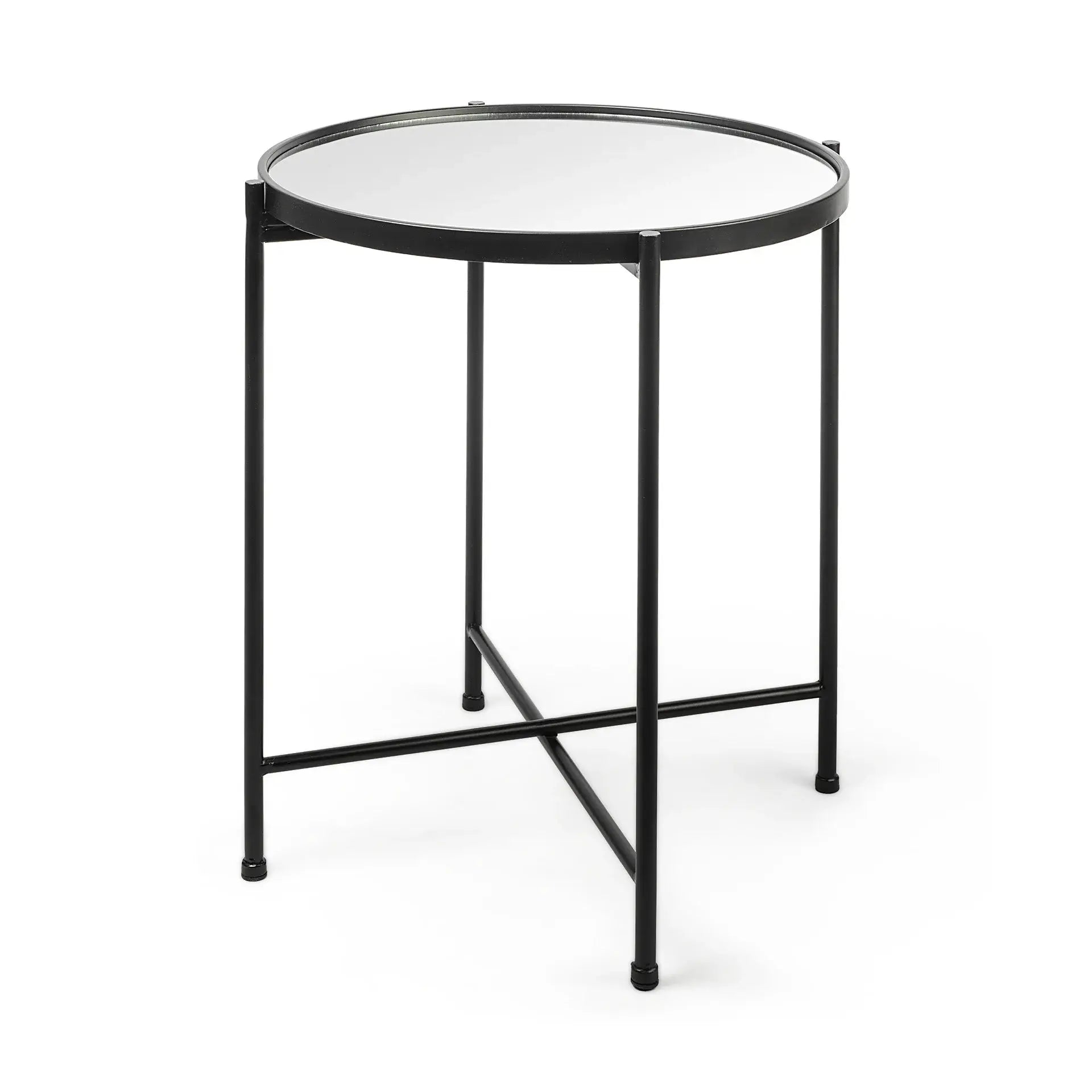 24" Silver and Black Mirrored Glass and Iron Round End Table - Homeroots - Flyclothing LLC