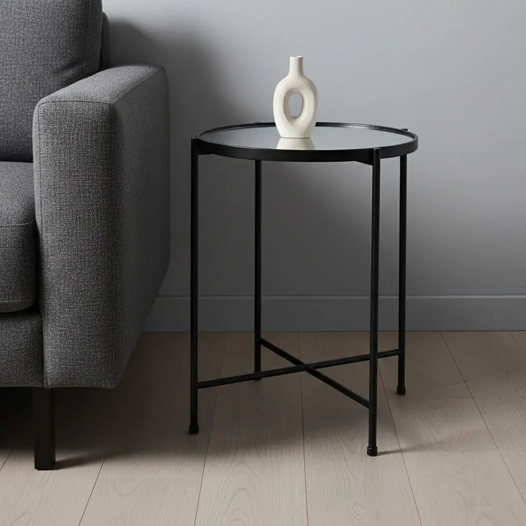 24" Silver and Black Mirrored Glass and Iron Round End Table - Homeroots - Flyclothing LLC