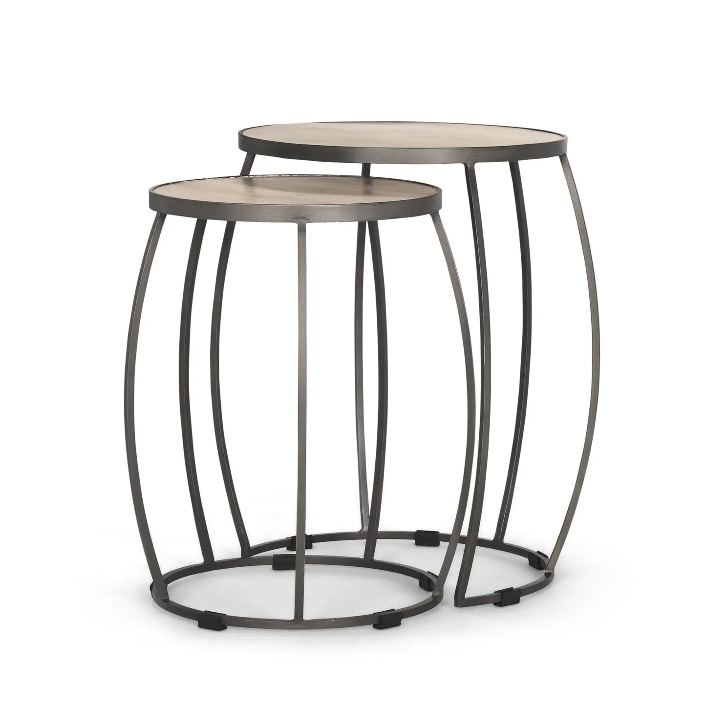 Set of Two Natural and Silver Solid Wood and Iron Round Frame Nested Tables - Homeroots - Flyclothing LLC