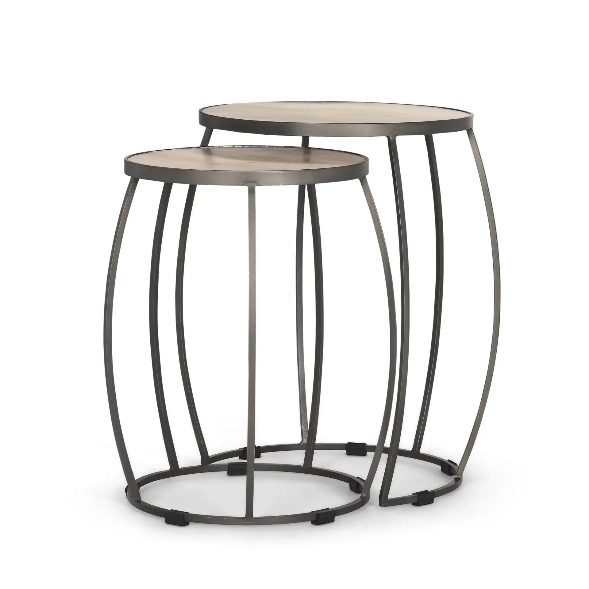 Set of Two Natural and Silver Solid Wood and Iron Round Frame Nested Tables - Homeroots - Flyclothing LLC