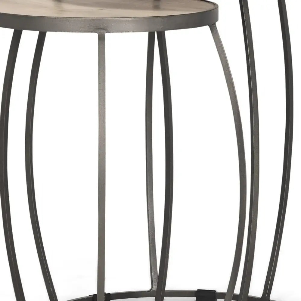 Set of Two Natural and Silver Solid Wood and Iron Round Frame Nested Tables - Homeroots - Flyclothing LLC