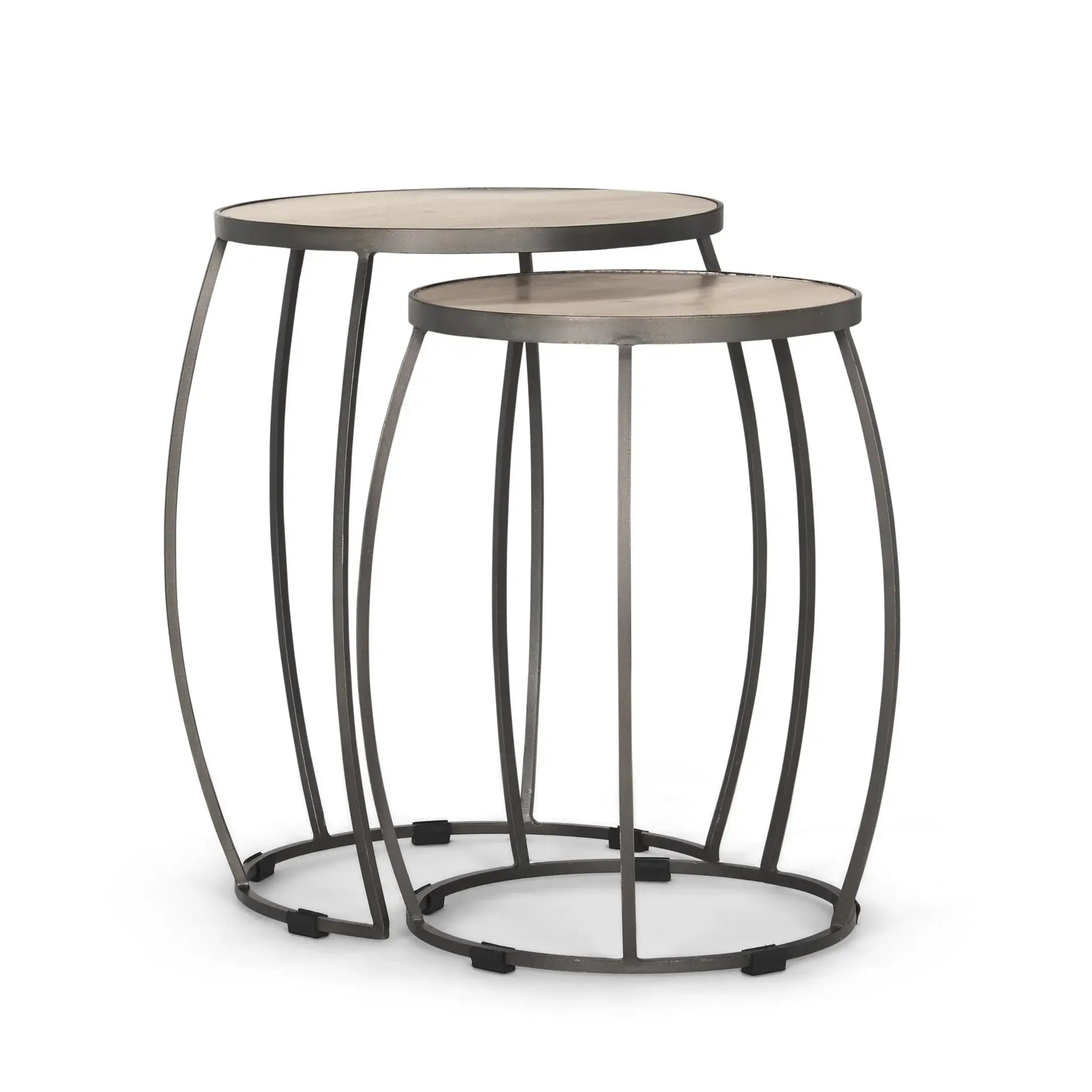 Set of Two Natural and Silver Solid Wood and Iron Round Frame Nested Tables - Homeroots - Flyclothing LLC