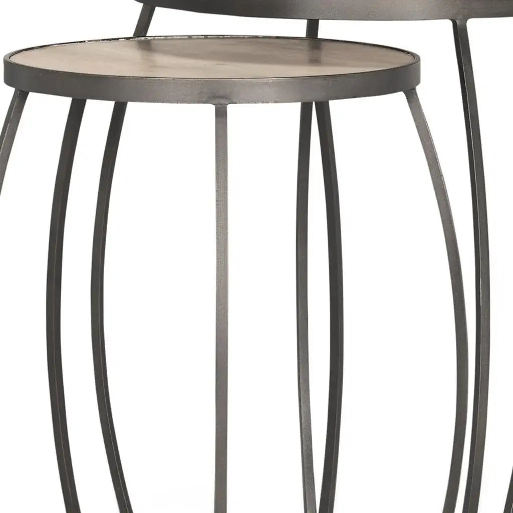 Set of Two Natural and Silver Solid Wood and Iron Round Frame Nested Tables - Homeroots - Flyclothing LLC