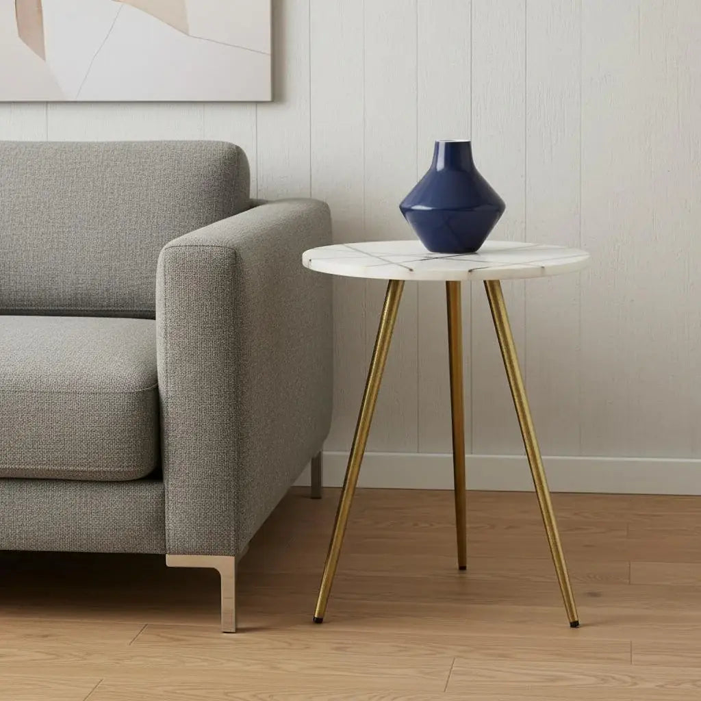 16" White and Gold Stone and Metal Tray Table - Homeroots - Flyclothing LLC
