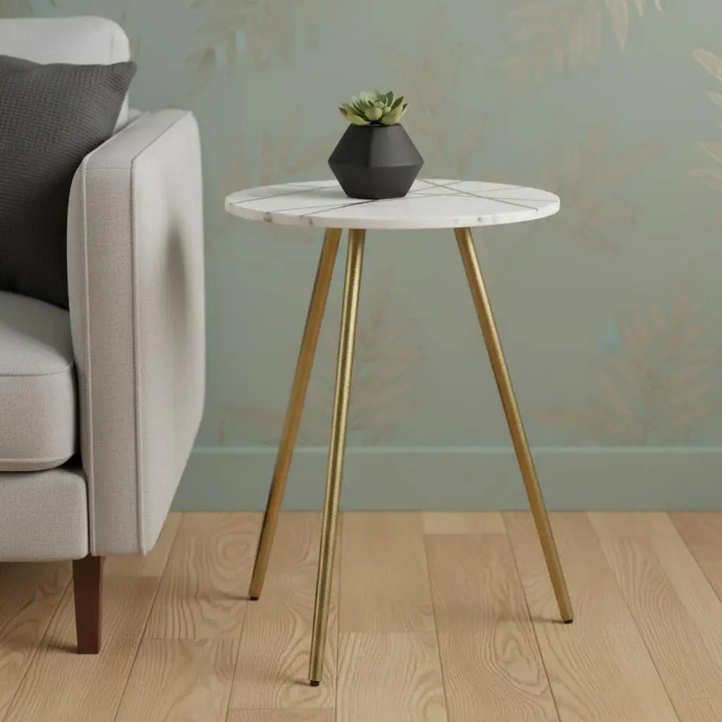 18" White and Gold Stone and Metal Tray Table - Homeroots - Flyclothing LLC