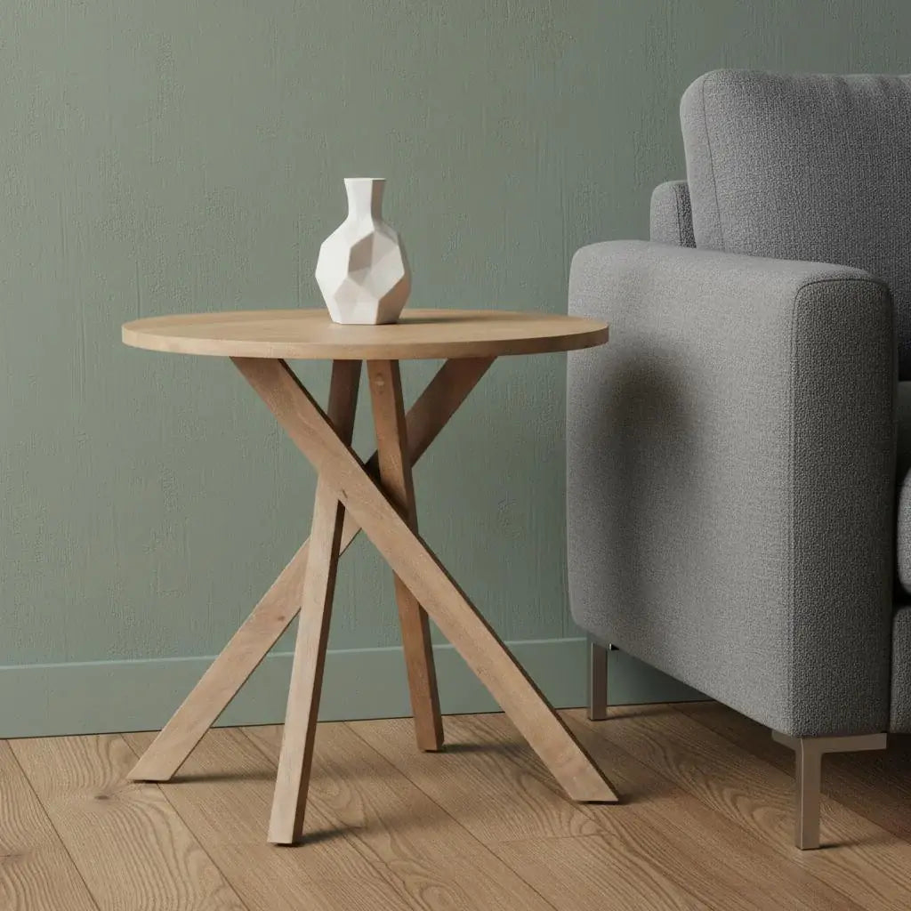 30" Natural Distressed Solid Wood Round Cross Legs End Table - Homeroots - Flyclothing LLC