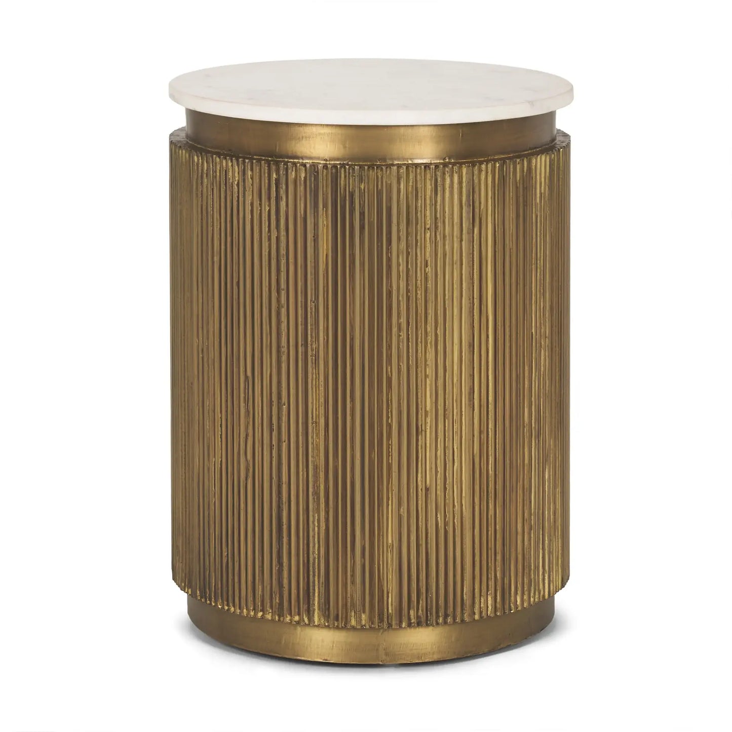 22" White and Gold Stone and Brass Round Block End Table - Homeroots - Flyclothing LLC