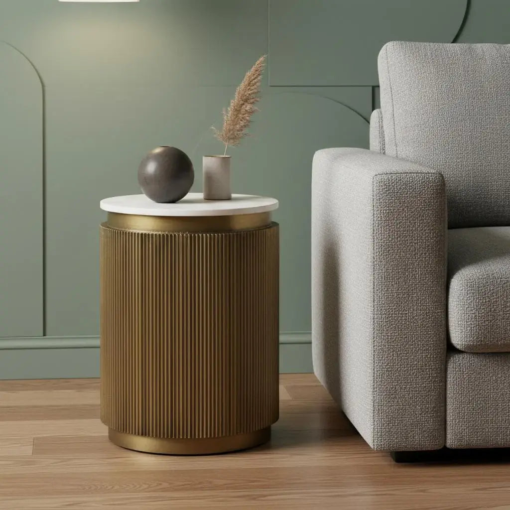 22" White and Gold Stone and Brass Round Block End Table - Homeroots - Flyclothing LLC