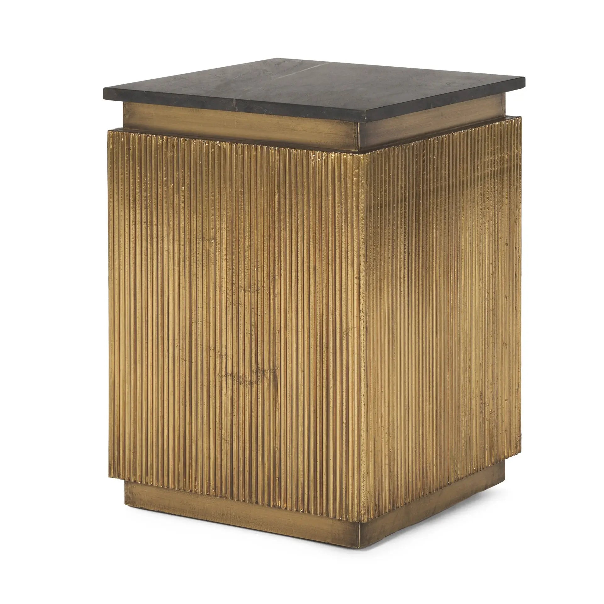 22" Black and Gold Stone and Brass Square Block End Table - Homeroots - Flyclothing LLC