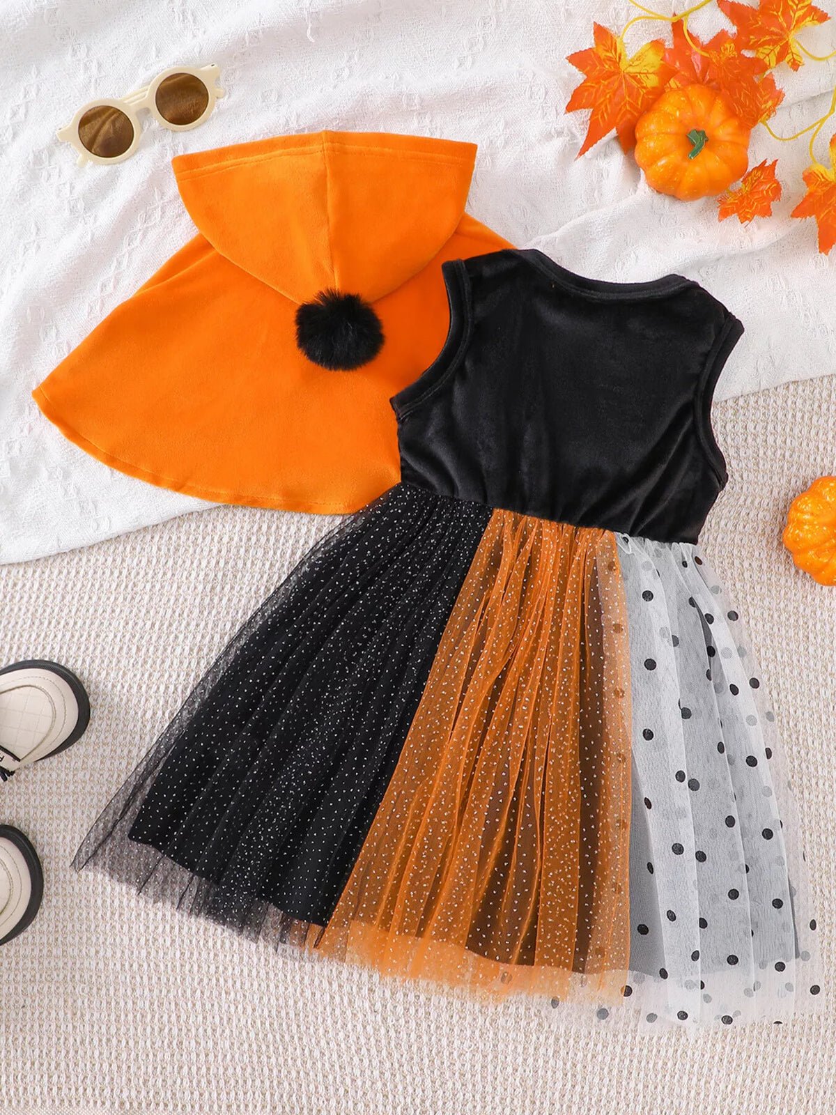 Children's Halloween Pumpkin Hooded Cape and Polka Dot Tulle Dress Set - Trendsi - Flyclothing LLC
