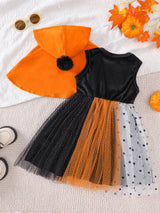 Children's Halloween Pumpkin Hooded Cape and Polka Dot Tulle Dress Set - Trendsi - Flyclothing LLC