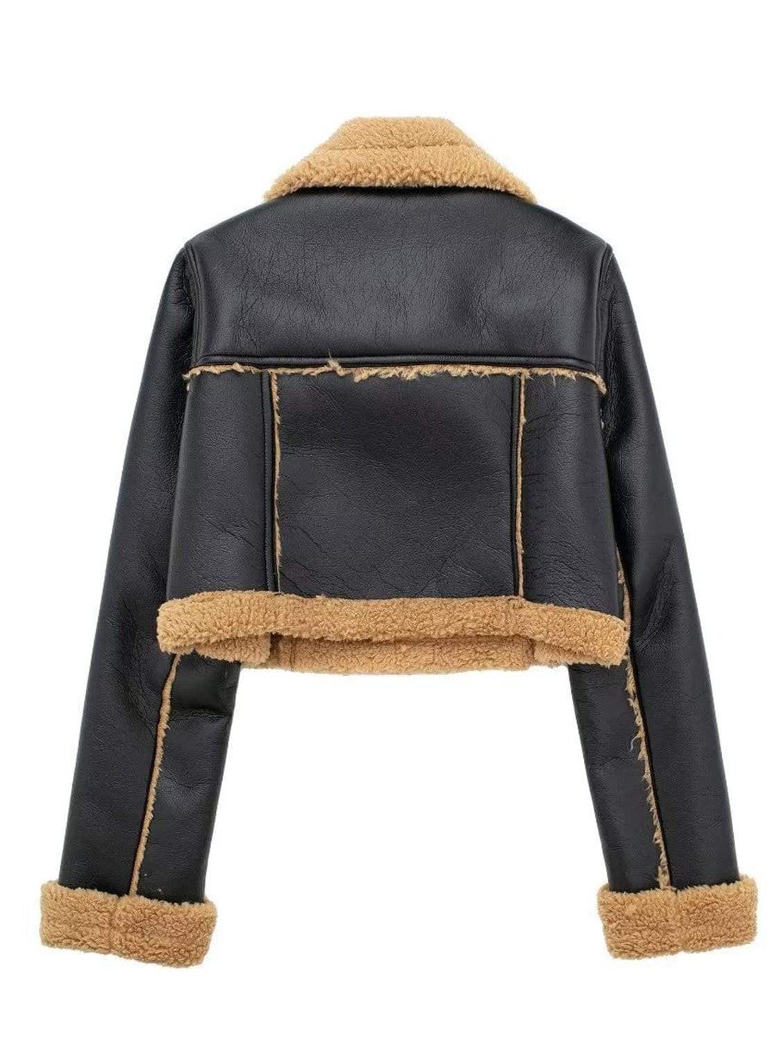 Collared Neck Long Sleeve Plush Cropped Jacket - Trendsi - Flyclothing LLC