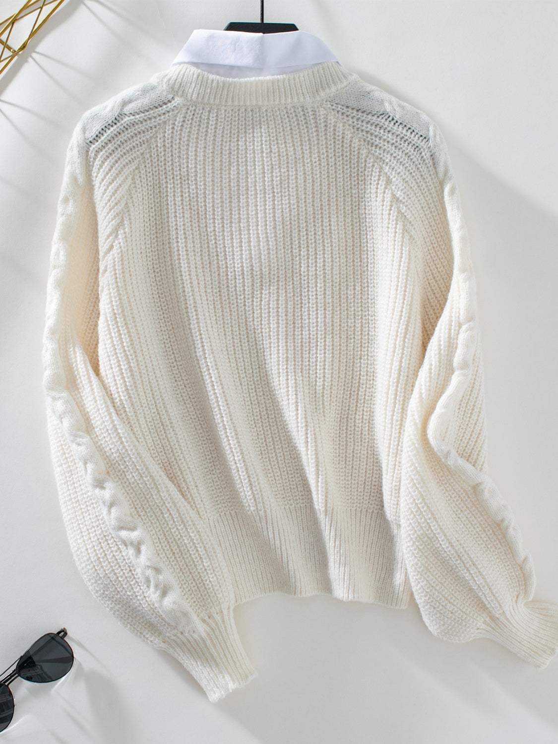 Cable-Knit Collared Neck Faux Layered Sweater - Trendsi - Flyclothing LLC