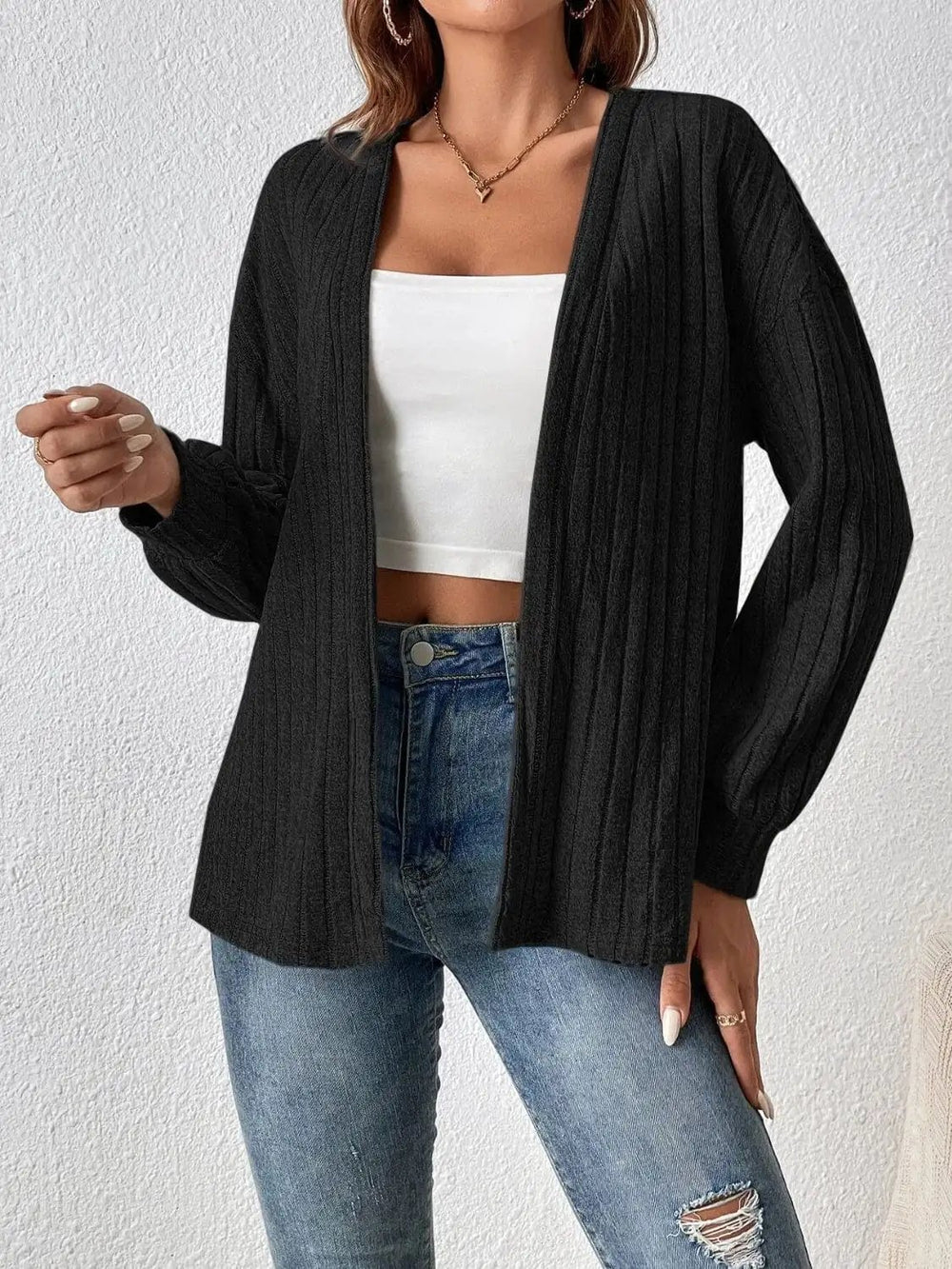 Open Front Long Sleeve Cardigan - Trendsi