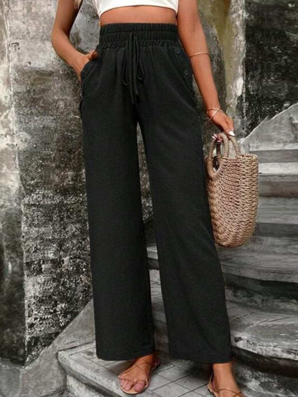 Tied High Waist Wide Leg Pants with Pockets - Trendsi - Flyclothing LLC