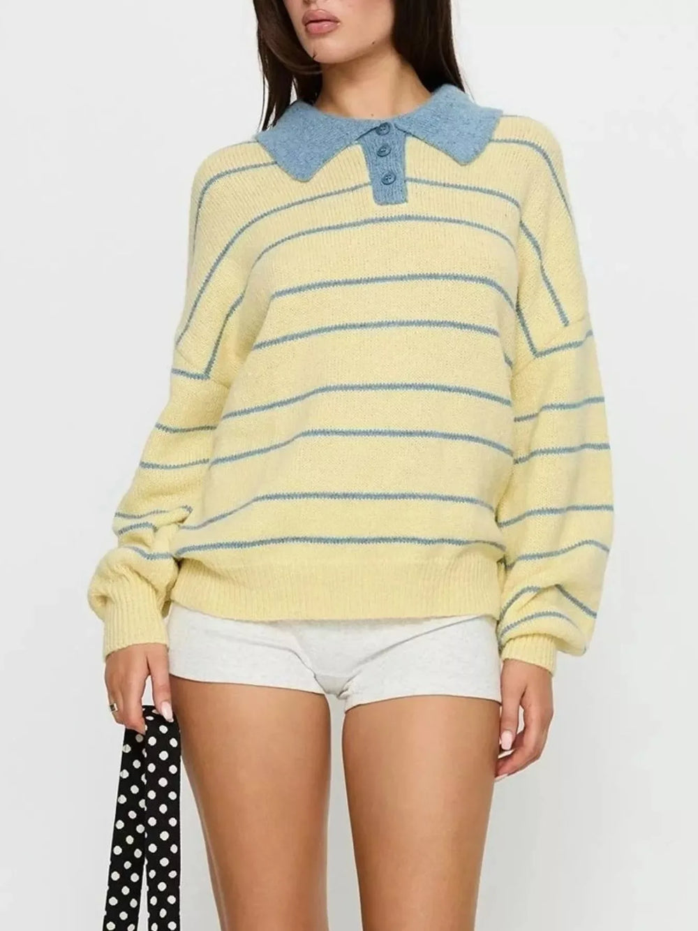 Striped Polo Collar Long Sleeve Sweater - Trendsi - Flyclothing LLC